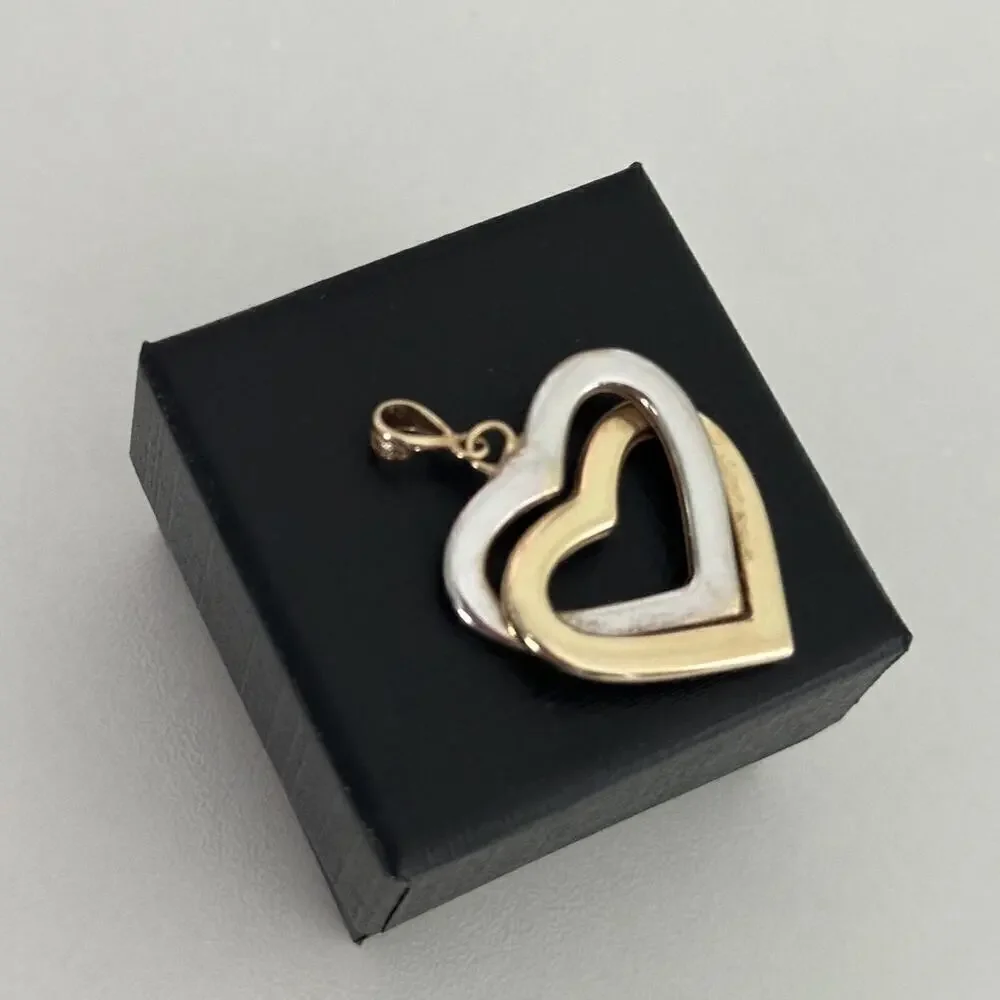 14K Yellow & White Gold Two Tone Double Interlocking Hearts Pendant